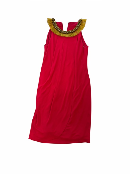 Kay Unger Dresses & Skirts - Kay Unger Red Gold Beaded Collar Tank Sheath Faux Wrap Dress Sz 4